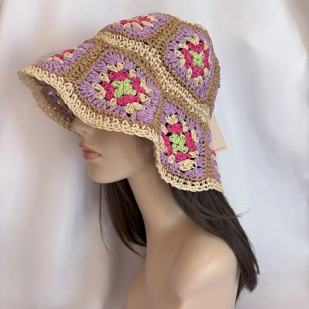 BCBGeneration Straw Crochet Granny Square Bucket Hat Multicolor Size OS